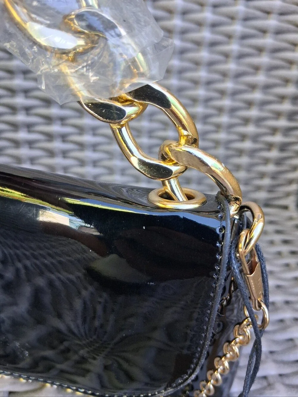Steve Madden Black Patent Shoulder Bag with Gold Chain Accent